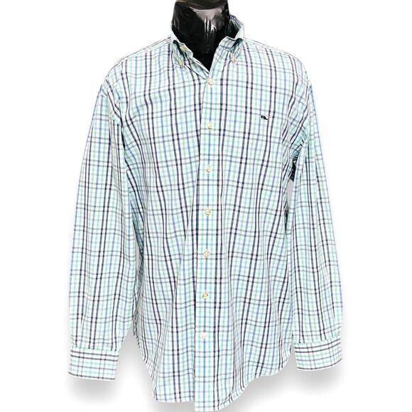 Vineyard Vines Men’s L Whale Shirt Blue Green Plaid Cotton Button Down Classic - Picture 1 of 9